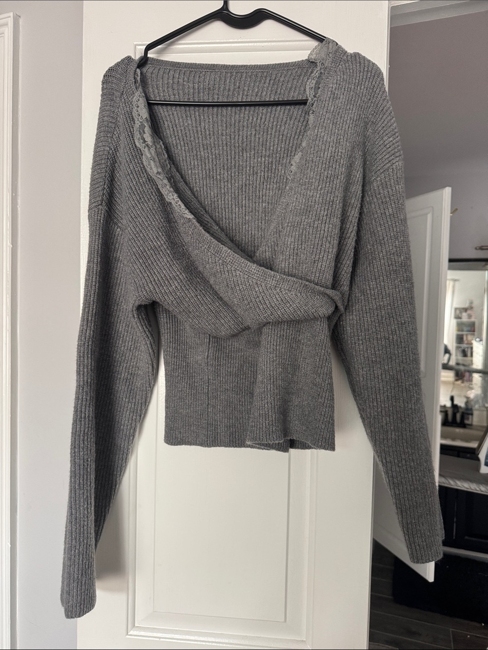 Cider Gray Ribbed Lace-Trim V-Neck Sweater